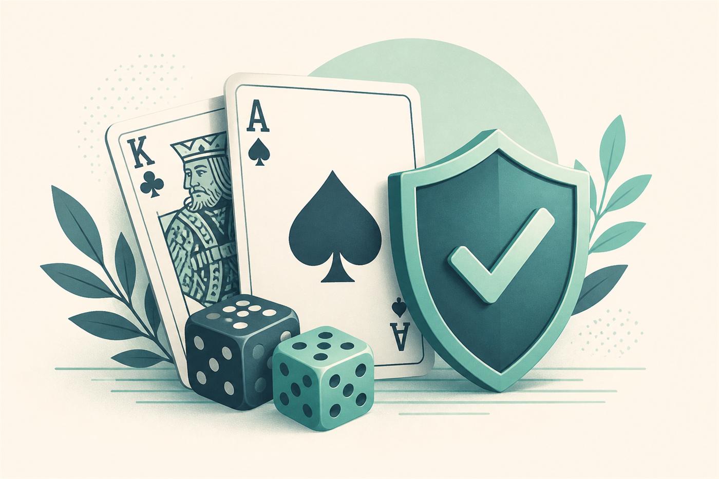 Ilustración de verificación: cartas, dados y escudo de control